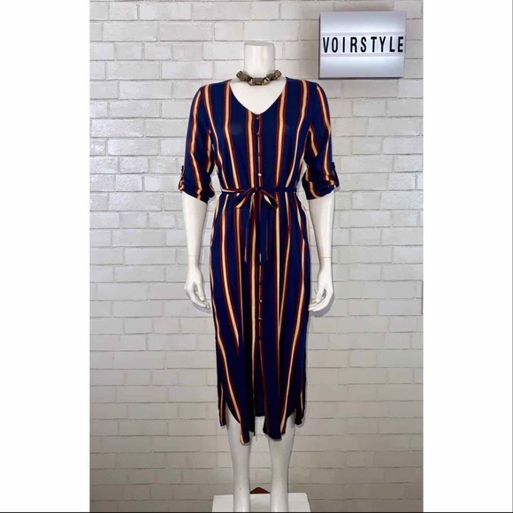 CHIC NAVY STRIPED BUTTON UP MIDI DRESS - Picture 5 of 8